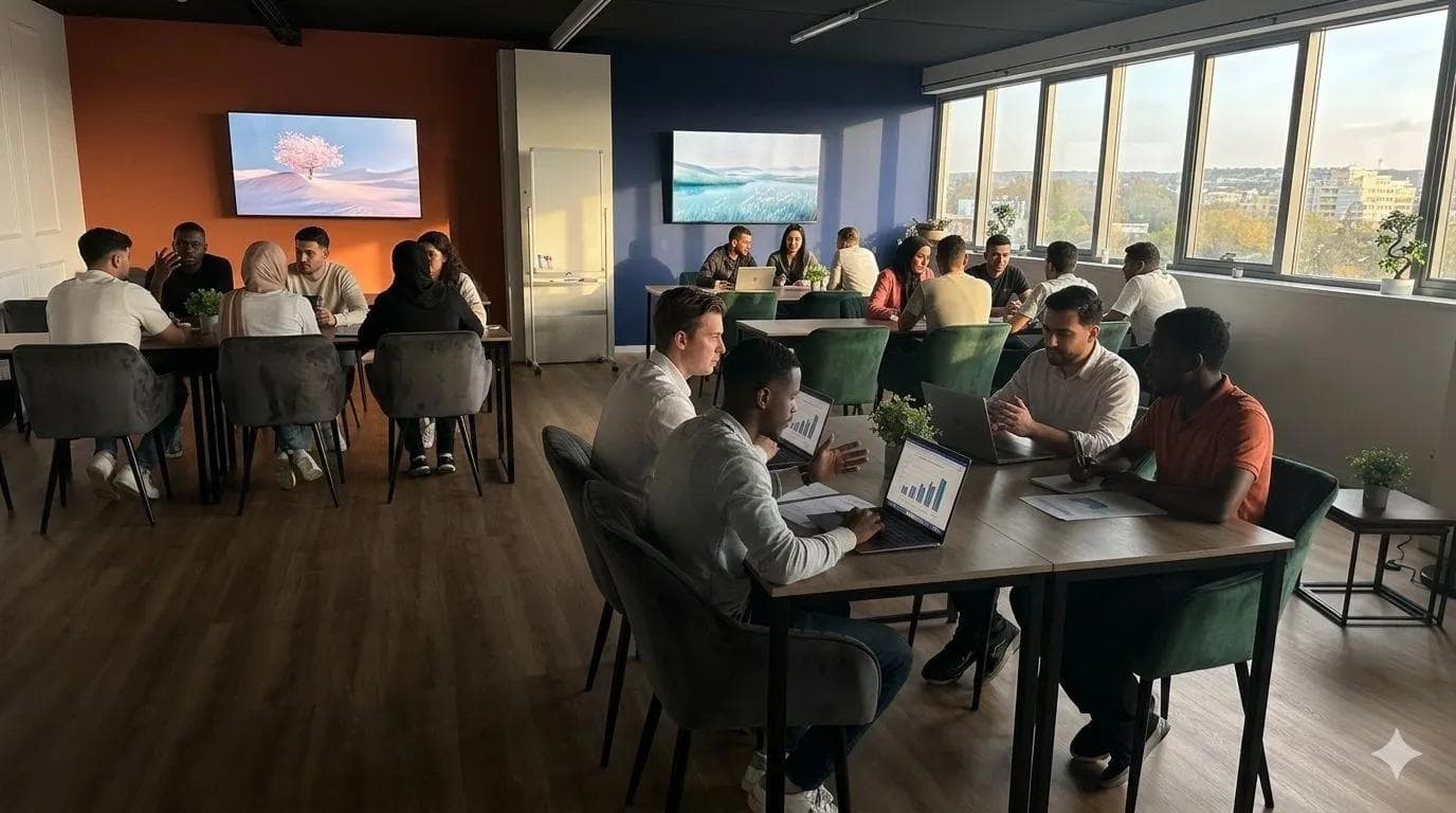Étudiants en alternance travaillant ensemble dans l'espace coworking du campus