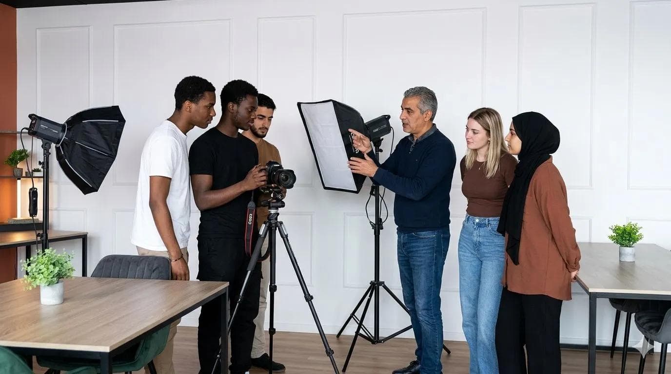 Étudiants en formation pratique avec équipement professionnel au campus Excellence Business School